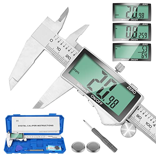 Digital Caliper, 6 Inch Caliper Tool with Extra Large LCD Screen, Auto-Off Feature, Easy Switch from Inch Metric Fraction, Stainless Steel Vernier Caliper Measuring Tool for DIY/Household