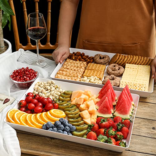 3 Pack, 16" x 11" Large White Serving Trays Set - Reusable Plastic Serving Platters for Cookie, Appetizer, Charcuterie, Snack, Dessert, Party Food Display - Stackable Kitchen CounterTop Tray, BPA Free