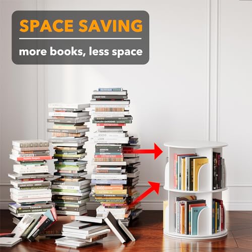 SpaceAid 2 Tier Rotating Bookshelf Tower, Spinning Bookcase Lazy Susan, Revolving 360 Book Shelf Storage Round Carousel, Vertical Rotate Turning Spiral Corner Organizer, White