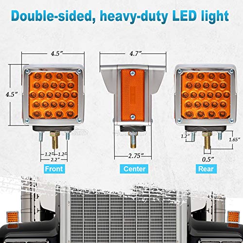 Partsam 2Pcs Double Face Trailer Pedestal Turn Signal Parking Lights with Chrome Visors, Amber/Amber Dual Face Square 52 LED Fender Stud Mount Light for Trucks Trailers, Dual Studs