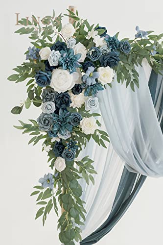 Ling's Moment Deluxe Spring Pink Artificial Wedding Arch Flowers with Drapes Kit-Pack of 5, 2pcs Flower Arrangements 3pcs Hanging Sheer Drapes Ceremony Arbor Reception Backdrop Floral Decoration