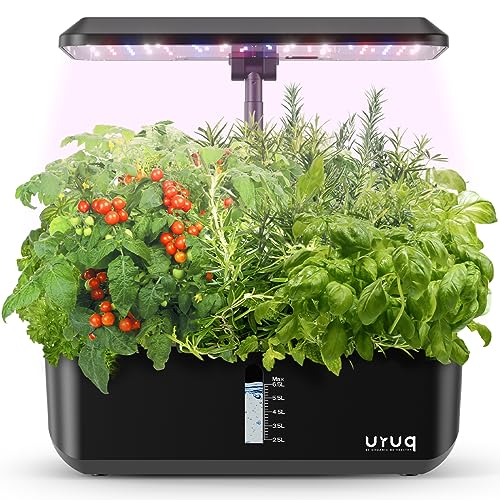 URUQ Hydroponics Growing System Indoor Garden 12 Pods Indoor Gardening System with LED Grow Light Height Adjustable Plants Germination Kit Quiet Smart Pump - Hydroponic Planter Fresh Harvest Black