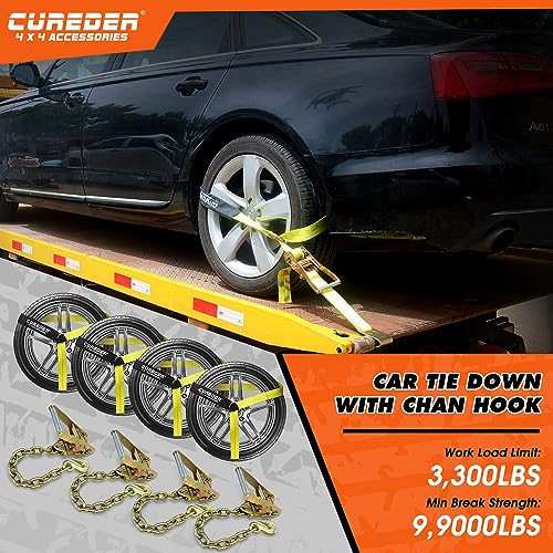 cureder Cureder Car Tie Down Straps for Trailers with Heavy Duty Chain Anchors (4 PK) - 2 Inch x 10 Feet - 3,300 lbs Safe Working Load, Wheel Straps for Hauling Cars,Tire Straps for a Car Trailer