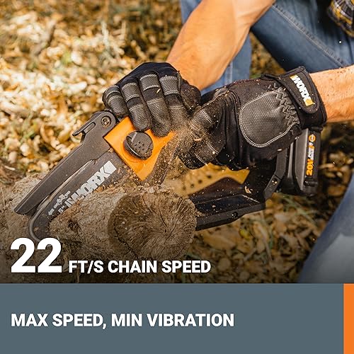 Worx 20V 5" Mini Cordless Chainsaw, 3.9 lbs, 22 ft/s Chain Speed, Power Share Battery, Upper & Hand Guard WG324 - Battery & Charger Included