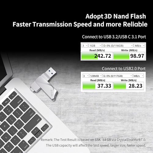 SSK 64GB USB C Flash Drive Dual Drive 2 in 1 OTG USB A 3.2 + Type C Memory Stick Thumb Drive, Thunderbolt Pendrive up to 200MB/s Transfer Speed Photo Stick for Android Phones/Tablets/Mac/Laptop