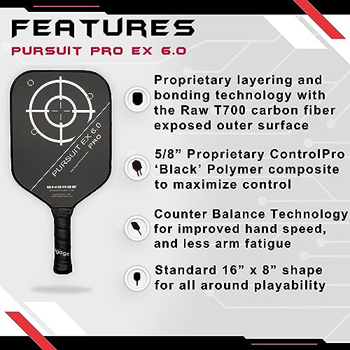 Engage Pursuit Pro EX 6.0 Pickleball Paddle – Widebody Shape, Raw T700 Toray Carbon Fiber Face, 16mm Control Pro “Black” Core, Vortex Barrier Edge Technology Limits Vibration – Lightweight