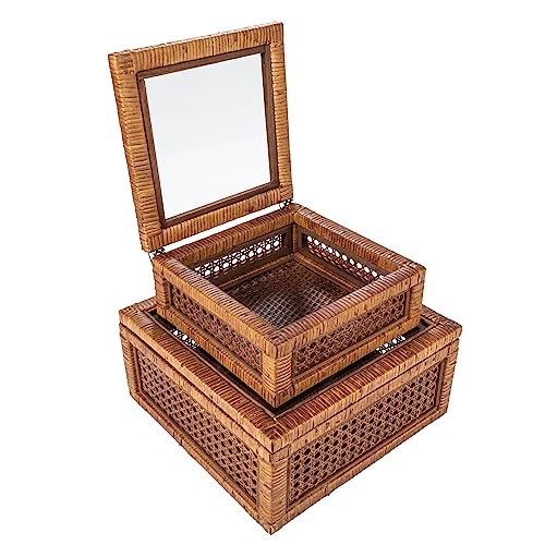 Creative Co-Op Modern Decorative Rectangle Woven Rattan and Wood Display Boxes with Glass Top, Set of 2 Sizes, Dark Brown Finish, Rectangular