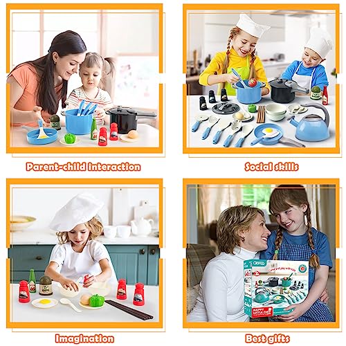 Bruvoalon 32Pcs Kids Play Kitchen Toys Set, Toddlers Pretend Cooking Playset Acccessories with Pots Pans, Utensils Cookware, Foods, Canned Veges, Learning Gift for Kids Girls Boys (Blue)