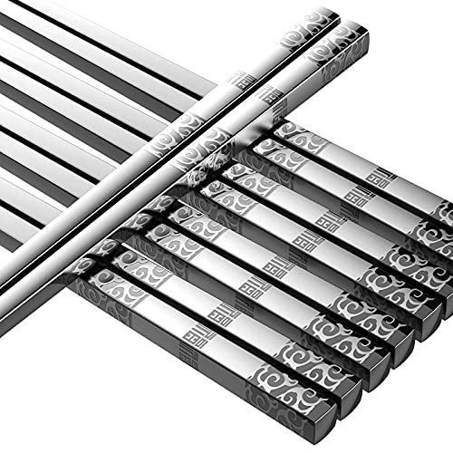 TINMARDA Metal Chopsticks Reusable 5 Pairs Stainless Steel Chopsticks Dishwasher Safe Square Lightweight Non-Slip Chop Sticks Present Set (Silver)