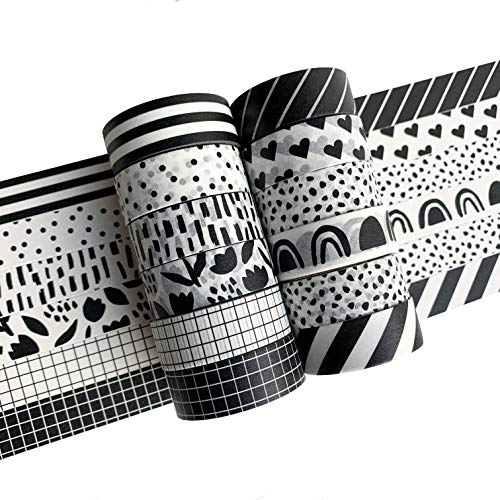 Washi Tape Set of 12 Rolls of 15 mm Wide Washy Tape Cute Decorative Tape for Journaling, Scrapbooking, Crafts, Bullet Journals, Planners, DIY Decor & Craft Supplies For Adults & Kids (Black and White)