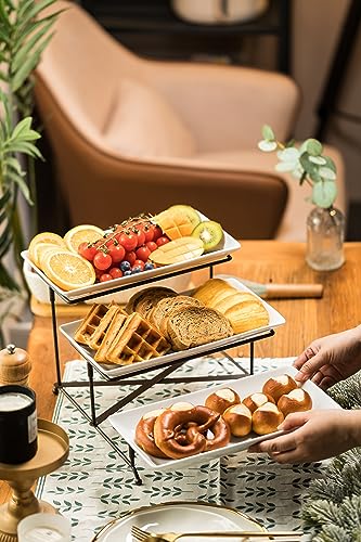 LAUCHUH 3 Tier Serving Tray Porcelain Tiered Serving Stand Collapsible Sturdier Rack with 3 Serving Platters & 2 Cross Bars for Entertaining Fruit Dessert Party Display Set, 12 Inch, Bronze