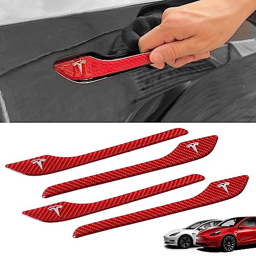 ONKENTET 4 Pcs Door Handle Cover Compatible with Tesla Model 3 (2017-2024) Model Y (2020-2024) Real Carbon Fiber 3D Sticker Wrap Covers Exterior Trim Epoxy Door Sill Protector Accessories (Red)