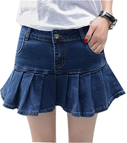 Yeokou Women's Casual Slim A-line Pleated Ruffle Short Mini Denim Skirts(Black-XS)