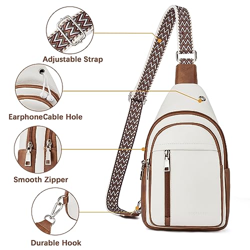 BOSTANTEN Sling Bag Cross Body Bag Trendy Leather Crossbody Purse Chest Bag with Adjustable Guitar Strap for Travel, Beige