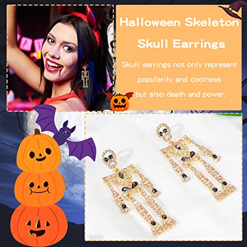 Halloween Skeleton Earrings for Women Bling Rhinestone Crystal Skull Earrings Spooky Skull Skeleton Dangle Earring Halloween Theme Jewelry Gift Charm Halloween Accessories