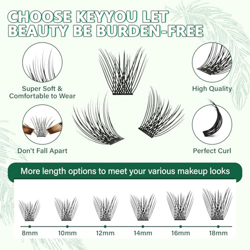 Lash Clusters,96 Pcs Cluster Lashes D Curl 14mm DIY Lash Extensions Eyelash Clusters,KEYYOU Volume Wispy Individual Lashes Soft&Comfortable Easy DIY at Home(Y10,D-14mm)