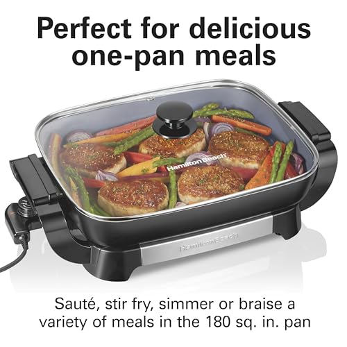 Hamilton Beach Electric Skillet with PFAS-Free Durathon Ceramic Coating, Removable 12x15” Pan, Adjustable Temperature, Reversible Design, Tempered Glass Lid, Black Nonstick Surface (38531)