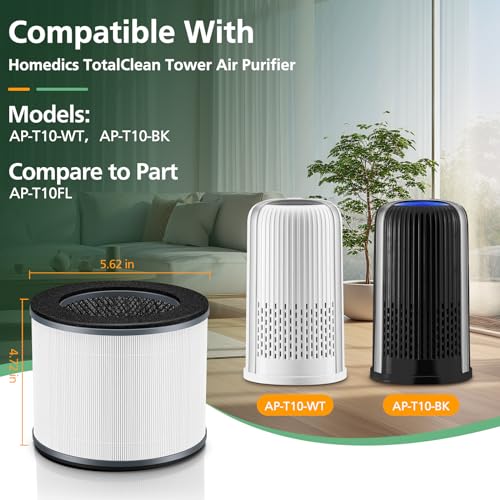 AP-T10FL Replacement Filter for HoMedics AP-T10-BK and AP-T10-WT Air Purifie-r, 360-Degree H13 True HEPA AP-T10 Filter, 2 Pack