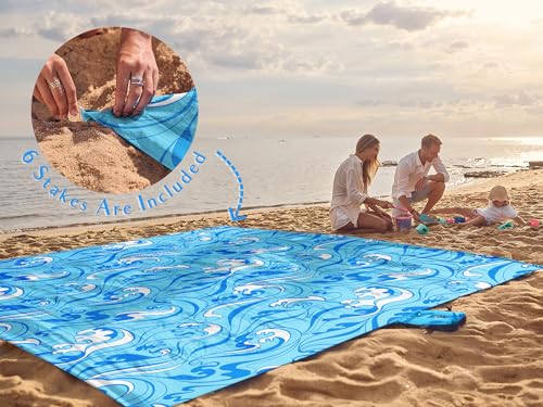 WEKAPO Beach Blanket Waterproof Sandproof Oversized - 8 Ft X 7 Ft Large Sand Free Beach Mat with Stakes, Essentials for Outdoor Beach, Picnic, Travel (Blue Ocean Waves, 8 X 7 FT (1~4 Person))