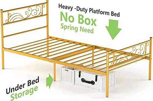 Weehom Twin Size Bed Frame with Headboard No Box Spring Needed Platform Single Bed for Kids, Gold