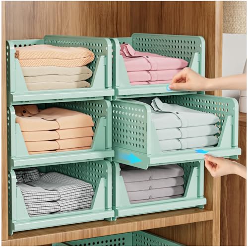 SNSLXH 5 Pack Stackable Closet Storage Basket, Multifunctional & Foldable Closet Organizer for Bathroom Kitchen Laundry Room Wardrobe Storage, Space-Saving Clothes Storage Drawer Organizer, Green
