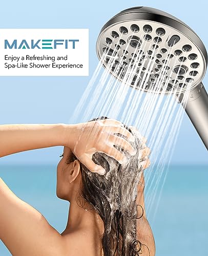 MakeFit Handheld Shower Head with Filter Brushed Nickel - High Pressure 10 Spray Modes Filtered Shower Head with Hose, Bracket and Hard Water Shower Filters to Remove Chlorine and Heavy Metals