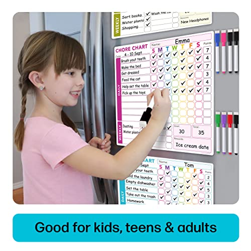 Behavior Reward Chore Chart for 1, 2, Or Multiple Kids, Teens & Adults. Fridge Magnetic Whiteboard Set- 3 Pcs of Individual Dry Erase Responsibility Charts (10x10 Inches Each) & 8 Fine Tip Markers