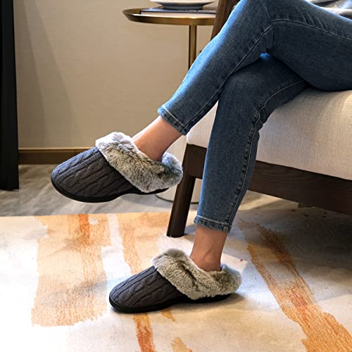 Parlovable Women's Fuzzy House Slippers Warm Soft Memory Foam Bedroom Shoes Slip on Cable Knit Rubber Sole Indoor Grey 7-8