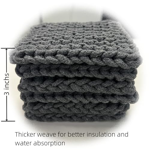 Set of 6 Hand-Made Cotton Coasters with Hanging Rings, Gift for Decoration of Dining Tables and Living Rooms, Super Absorbent Drink Coasters for Various Cups and Occasions, 4.7" x 4.7", Grey