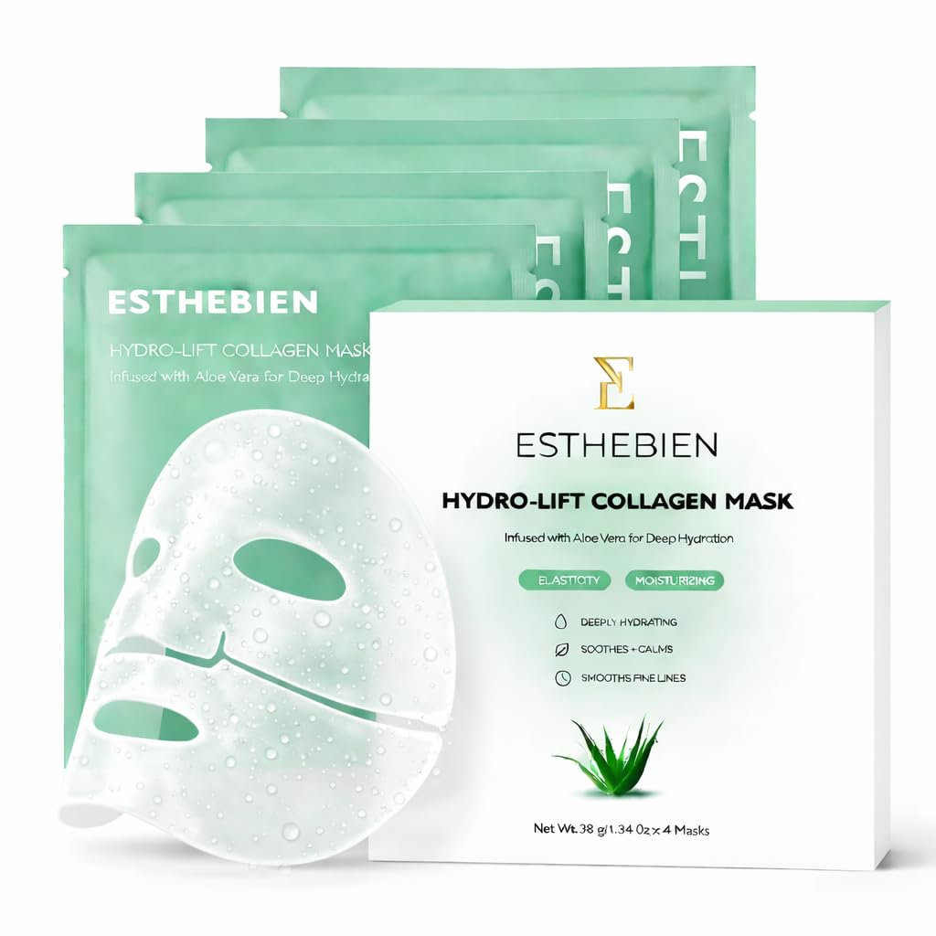 ESTHEBIEN Hydrogel Collagen Face Mask – Deep Hydration Sheet Mask with Aloe Vera, Firming & Anti-Wrinkle Korean Skincare, Spa-Grade Hydrogel Mask for Dry Skin, 4 Pack