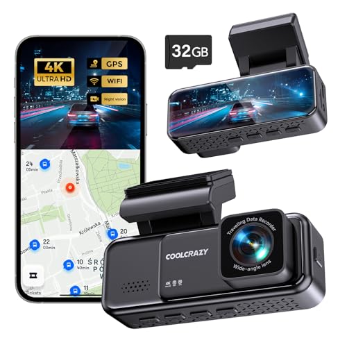 COOLCRAZY Dash Cam 4K Front, Built-in WiFi GPS Dash Camera for Cars, 3.2" IPS Screen Dashcam with App Control, Free 32G Card, 170°Wide Angle, 24H ParkingMode, WDR, Night Vision, G-Sensor