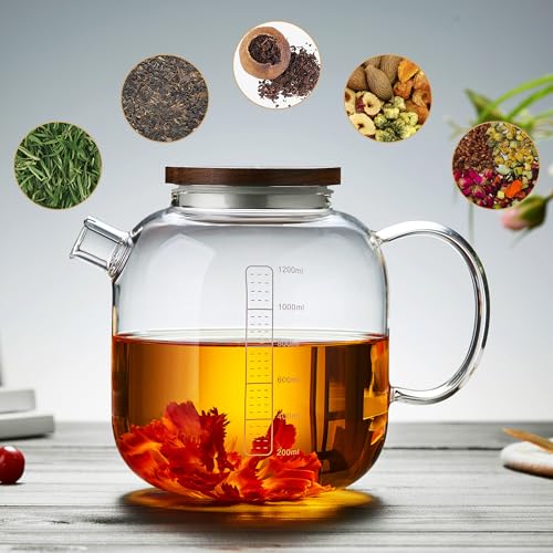 Glass Teapot with Infuser and Lid 40.6 fl oz, Stovetop Gas Safe, Thickened Heat Resistant Borosilicate Glass Tea Kettle