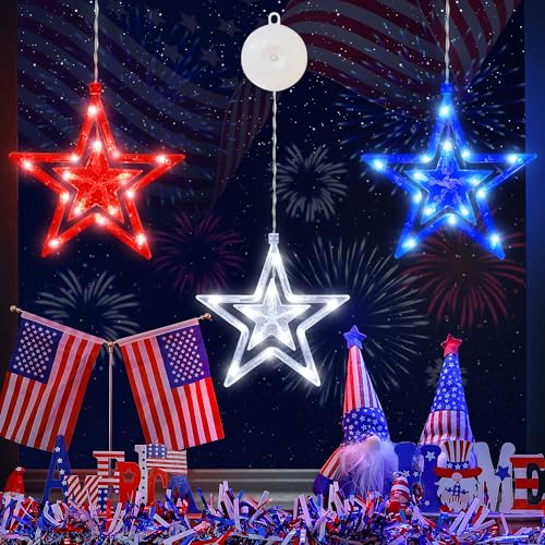 oopswow Red White and Blue Lights,3 Pack 45LED 4th of July Patriotic Lights with Timer Function,Battery Operated Star Lights for Window,Fourth of July Decoration,Independence day,Labor Memorial Day