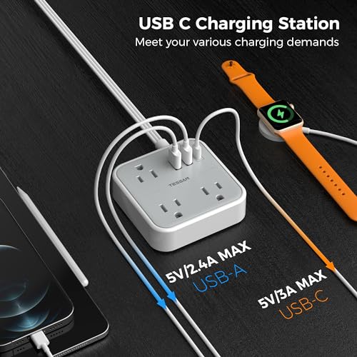 Ultra Thin Flat Extension Cord 5 FT, TESSAN Slim Power Strip with 3 USB (1 USB C) Ports, Low Profile Flat Head Wall Plug Outlet Concealer with 3 Outlets for Cruise, Office, School, Travel, Dorm Room