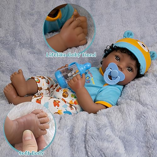 EKOKIZ Lifelike Reborn Baby Doll 18-Inch American African Baby Boy Newborn Baby Doll Soft Cloth Body Real Life Baby Dolls for Kids 3+, Complete with Clothes and Toy Accessories