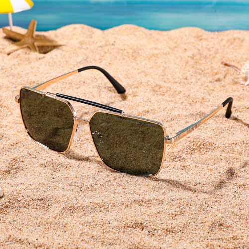 FEISEDY Trendy Polarized Aviator Sunglasses Womens Mens Retro Square Double Bridge Metal 90s Shades B0098