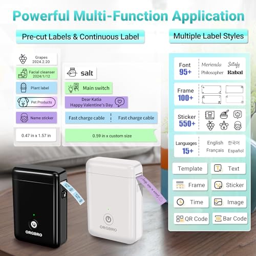 ORGBRO Label Maker Machine with Tape, X1 Portable Bluetooth Mini Label Printer for Organizing Storage, Rechargeable Thermal Label Maker Small Sticker Maker with Multiple Templates, Black