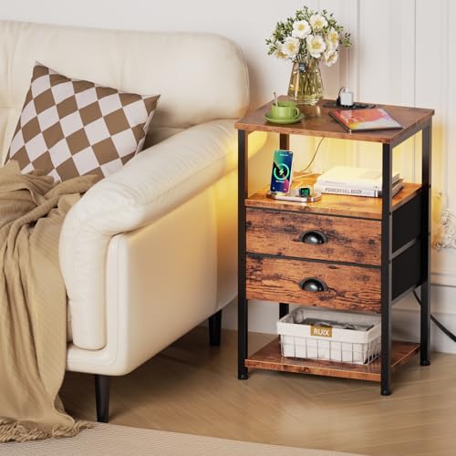 Furologee Nightstand with Charging Station, White Night Stand with LED Lights, 3-Tier Storage End Table with Fabric Drawers, Side Table with USB Ports & Outlets for Lving Room/Bedroom