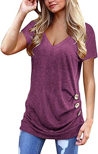 Jescakoo Short Sleeve T Shirts for Women Solid Color V Neck Tunic Tops Loose Fit Pink L