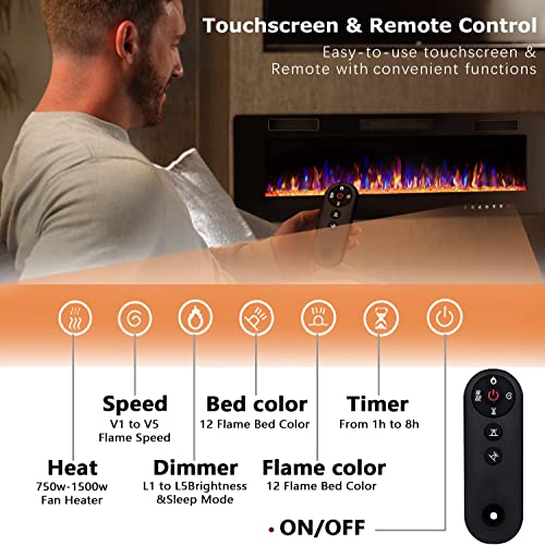 Vitesse 30 inch Ultra-Thin Electric Fireplace in-Wall Recessed and Wall Mounted Fireplace Heater,Linear Fireplace with Multicolor Flame,Timer,Low Noise,750/1500W,Touch Screen & Remote Control(30’’)