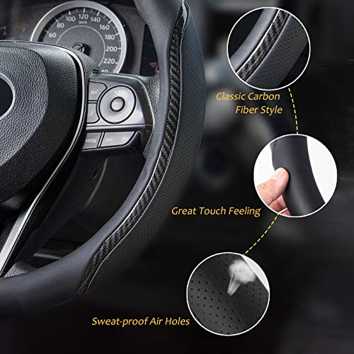 Muamos Car Steering Wheel Cover Beige, 14.5-15 inch Steering Wheel Covers with Coasters Microfiber Leather Carbon Fiber Breathable Anti-Slip Durable Universal Auto Steering Wheel Protective