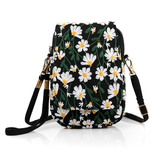 Goodhan Floral Embroidery Crossbody Bag, Mini Canvas Shoulder Bag Cellphone Purse Wristlet Pouch