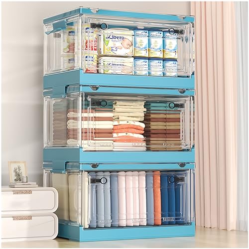 219QT Storage Bins with Lids, 3 Packs Plastic Storage Bins for Closet Organizers and Storage, Stackable Storage Bins, Closet Storage Bins with Double Door, Collapsible Storage Bins for Home, Dorm