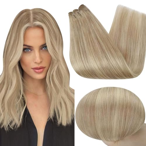 Full Shine Weft Hair Extensions Human Hair Balayage Blonde Straight Sew in Hair Extensions Brown Ombre Blonde And Brown Extensions Invisible Silky Brazilian Hair Extensions 14 Inch 100 Grams