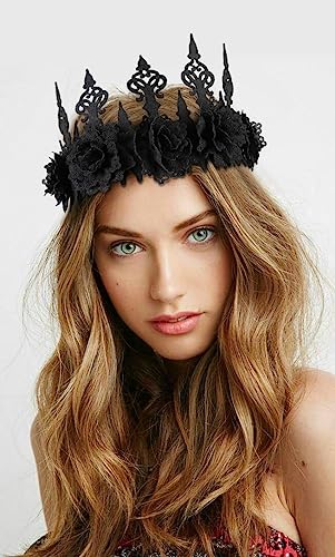 WOVOWOVO Black Rose Flower Crown for Women Girls Halloween Gothic Floral Headbands Hair Accessories Adjustable Queen Tiara Headpiece with Ribbon for Festival Party Photo Prop