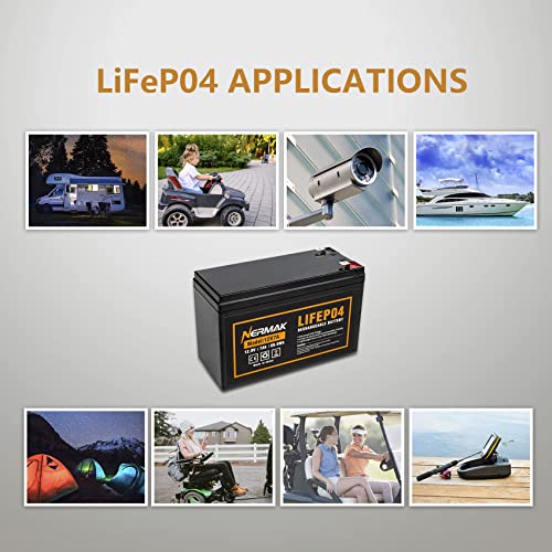 NERMAK 12V 7Ah (7.2Ah) Lithium LiFePO4 Deep Cycle Battery, 2000+ Cycles Lithium Iron Phosphate Rechargeable Battery for Solar Powar, Lighting, Power Wheels, Fish Finder and More, Built-in 8A BMS