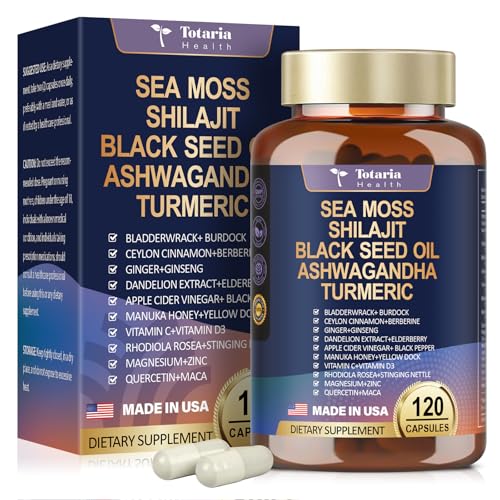 25-in-1 Sea Moss Black Seed Oil Ashwagandha Ginger Shilajit Supplement 18525mg, Sea Moss Capsules with Bladder Burdock Ceylon Cinnamon Berberine ACV Manuka VIT C&D3 for Immune, Gut & Energy, 120 Caps