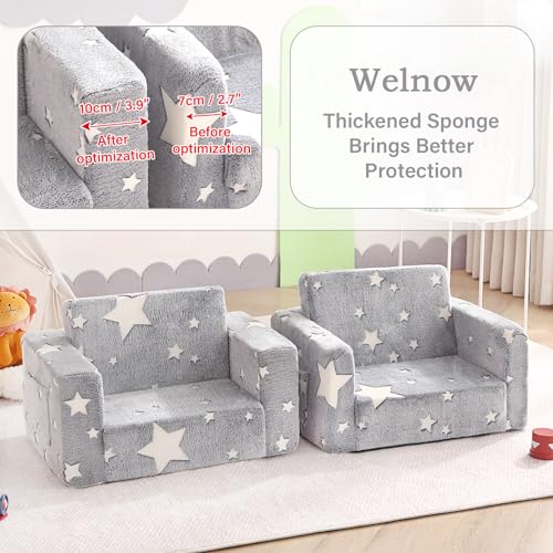 Welnow 2-in-1 Kids Sofa Chair, Glow in The Dark Convertible Toddler Chair Flip Out Children Sofa Folding Kids Sofa with Wave Armrests & Side Pockets & Removable Cover for Girl or Boy