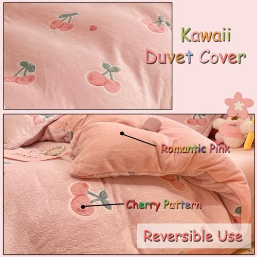 LMONMOO Pink Duvet Cover Twin, Ultra Soft Fluffy Comforter Cover Set, Cute Kawaii Bedding Sets for Girl Kids, All Season(Cherry, Twin)