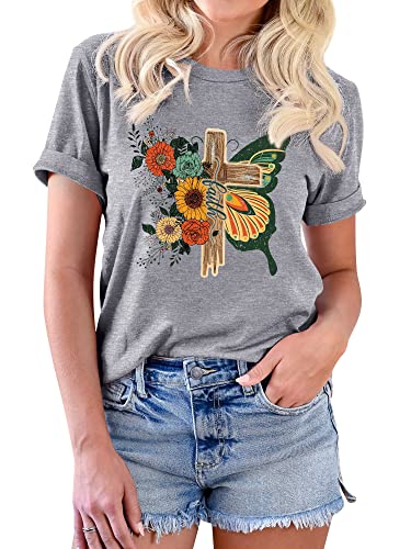 FEMLE Women's Cross Faith T Shirt Cute Short Sleeve Butterflies Flowers Graphic Tees Casual Loose Summer Tops